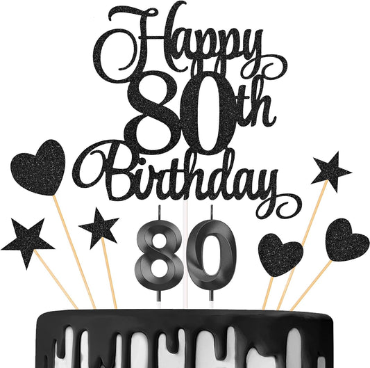 80th Birthday Cake Decorations, 80th Birthday Candles Cake Numeral Candles and Glitter Happy 80th Birthday Cake Toppers Set for Birthday Party Supplies (Black)