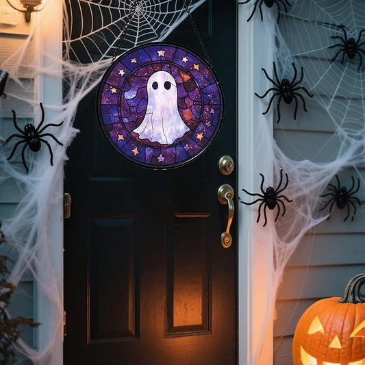Stained Glass Window Hanging - Halloween White Star Ghost Purple Starry Sky Suncatcher for Doors Garden Indoor Spooky Sun Catchers Gothic Decor Horror Gifts for Women Men Friend 11.8 in