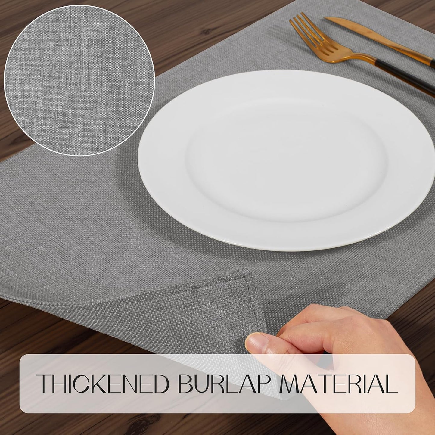 Romanstile Cloth Placemats Set of 4-12 x 18 Inch, Heat Resistant Double Layered Thickened Burlap Place Mats, Washable Faux Linen Farmhouse Table Mats for Kitchen/Dining/Party/Outdoor, Grey