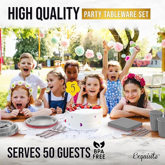 350 Pcs Silver Plastic Plates For Party, Silver Disposable Plates Set, 50 Of Each 9" Dinner Plate Set, 7" Dessert Plate, Cups, Napkins & Cutlery Plastic Dinnerware Set Exquisite