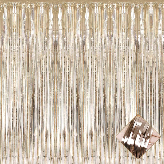4 Pack 3.3Ft x 6.6Ft Champagne Gold Foil Fringe Curtain Backdrop, Metallic Tinsel Foil Fringe Streamers Curtains Background for Photo Booth, Birthday, Wedding, Valentine's Day Party Decoration