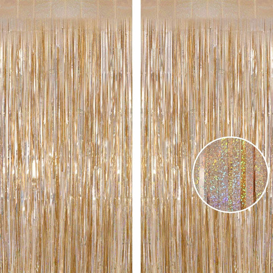 Champagne Tinsel Foil Fringe Curtain, 2 Pack 3.3 x 8.2 Ft Metallic Glitter Curtains Backdrop Streamers, Champagne Backdrop for Birthday Bachelorette Photo Booth Party Decorations