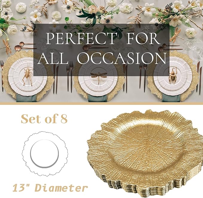 MAONAME 13" Gold Charger Plates Set of 8, Round Reef Chargers for Dinner Plates, Plastic Plate Chargers for Table Setting, Wedding Decor