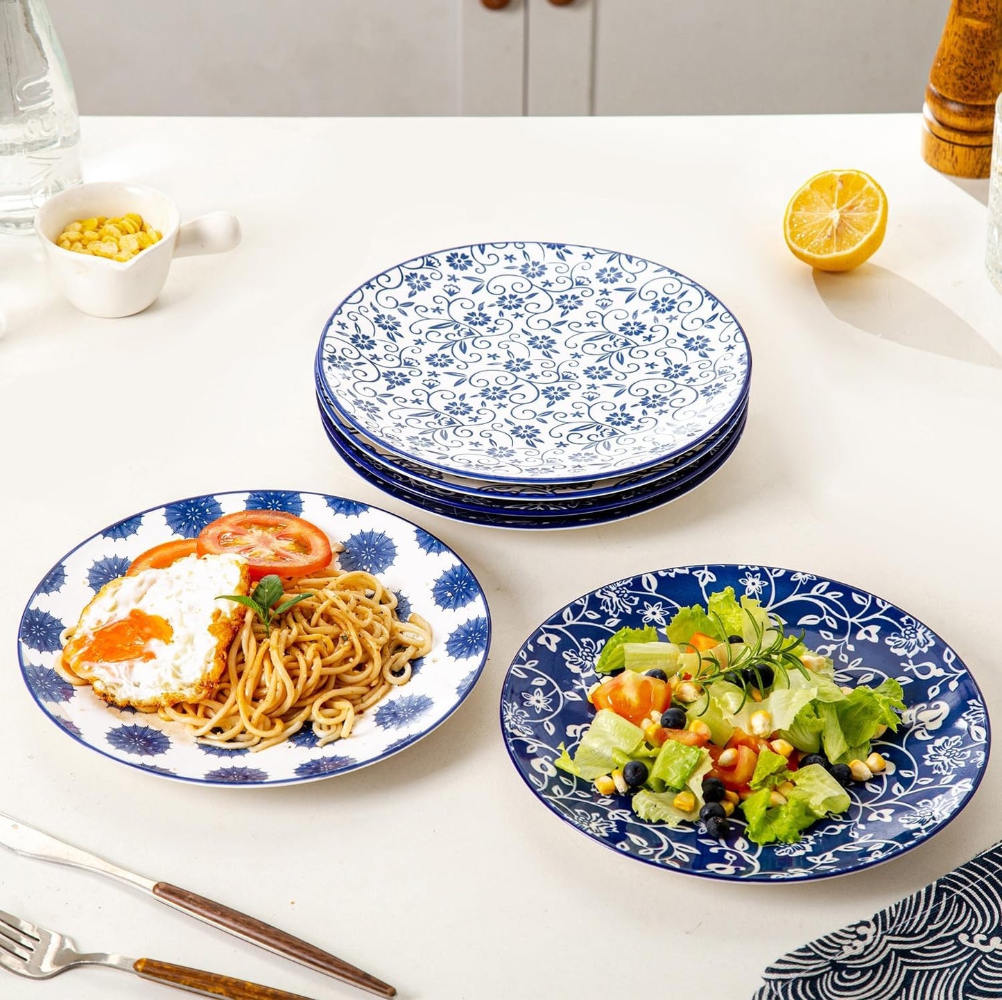 Ceramic Salad Plates Set - 8.5 Inch Kitchen Small Round Dinner - Scratch Resistant Porcelain Microwave Oven Dishwasher Safe - Dishes for Sandwich Dessert Appetizer - Set of 6 - Vintage Blue