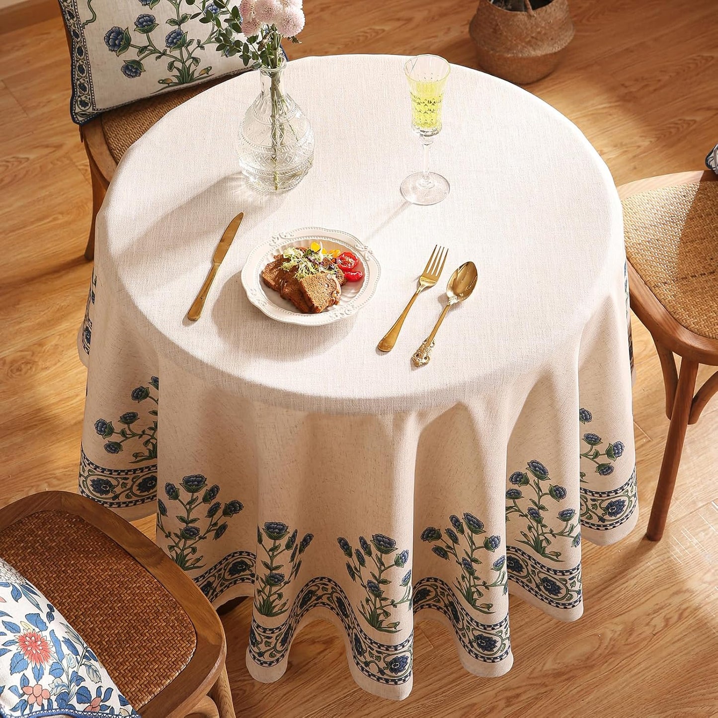 patdrea Designer Blue Small Tablecloth for Round Table,Linen Leaves Pattern Anti-Wrinkle Floral Tablecloths,Farmhouse Floral Table Cover Decor for Kitchen Dining,Thanksgiving,Diameter 55"-Ivar B
