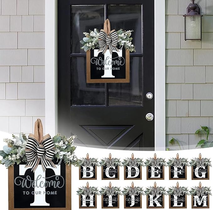 Last Name All Year Round Front Door Wreath with 26 Initial Letter Welcome Sign All Seasons Eucalyptus Garland and Bow ，Farmhouse, Porch, for Spring Summer Fall All Seasons Holiday Halloween Christmas.（T）