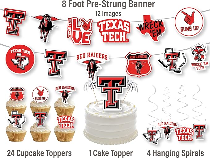 Texas Tech Party Supplies for Football, Birthday Gift, Graduation Party Banner and Cake Toppers (42 Pieces) (Texas Tech Red Raiders)