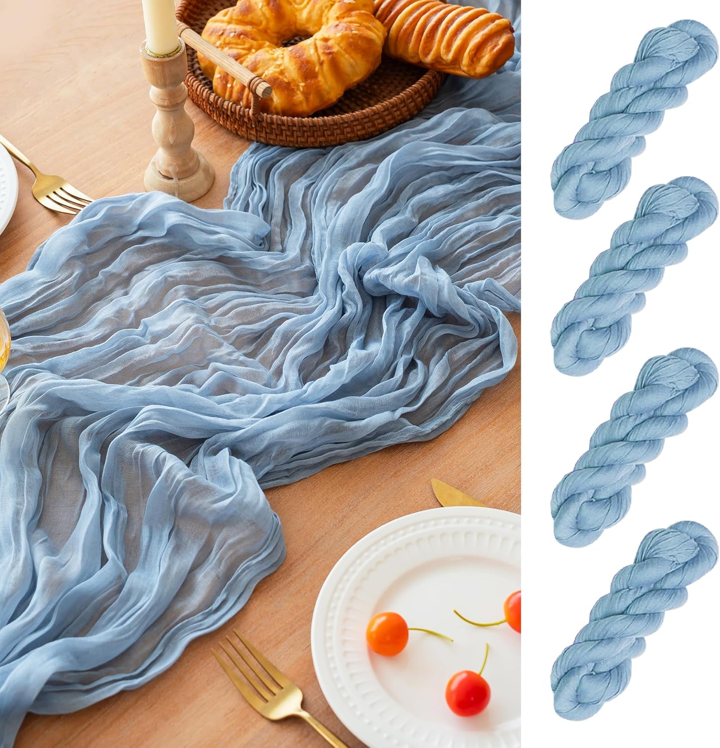 FEXIA 4 Pack Dusty Blue Table Runner 35x120 Inches for Baby Shower Decoration Gauze Rustic Table Runner for Wedding Party First Communion Centerpiece Engagement Bridal Shower Boho Decoration