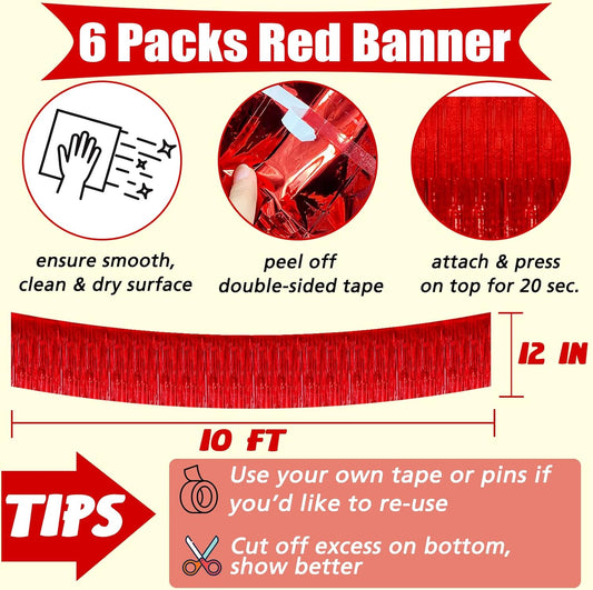 6 Pack 10 Feet Foil Fringe Garland Metallic Tinsel Banner Wall Hanging Curtain Streamers Backdrop for Parade Floats Bachelorette Wedding Birthday Party Thanksgiving Christmas Decorations(Red)