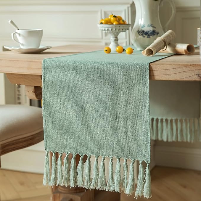 ZeeMart Sage Table Runners 108 Inches Long, Burlap Linen Style Rustic Farmhouse Table Runner, Long Boho Dining Table Runner, 13x108 Inches, Seafoam