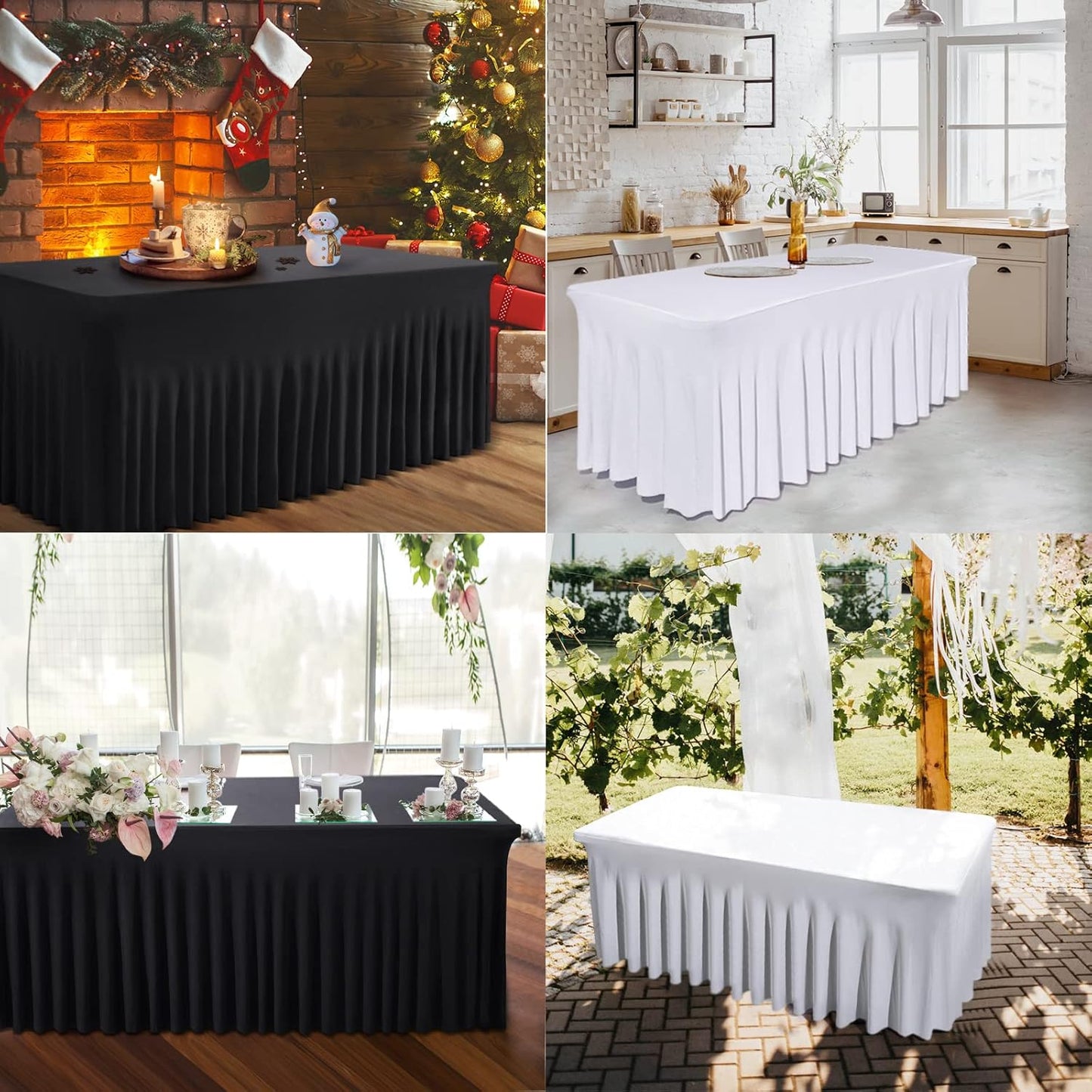 Table Skirts for Rectangle Tables 8ft - 2 Pack One-Piece White Tablecloths and Skirt, Wrinkle Resistant Ruffles Elastic Cover for Banquets, Weddings, Events, Parties