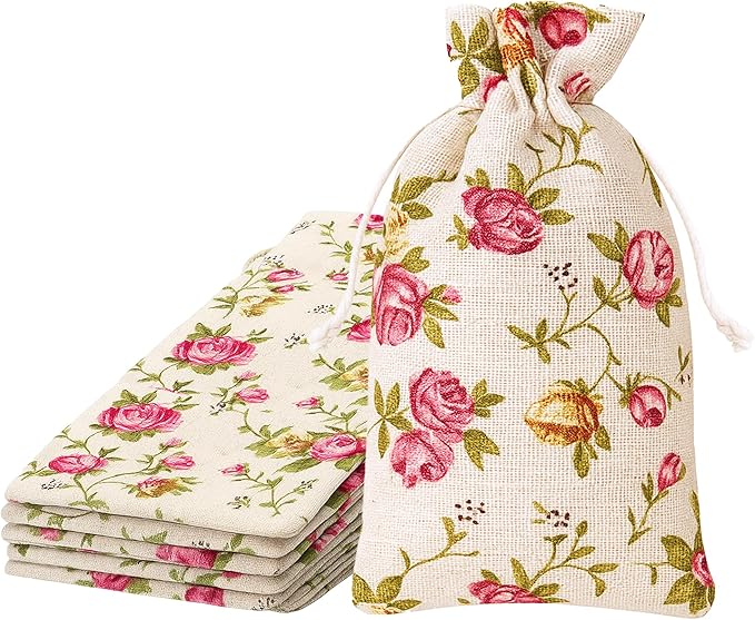 Mandala Crafts 11X16 Inch Rose Burlap Drawstring Gift Bags for Favors - 20 Large Floral Linen Sacks Gift Pouches for Candy, Coffee, Jewelry, Wedding, and Party Supplies