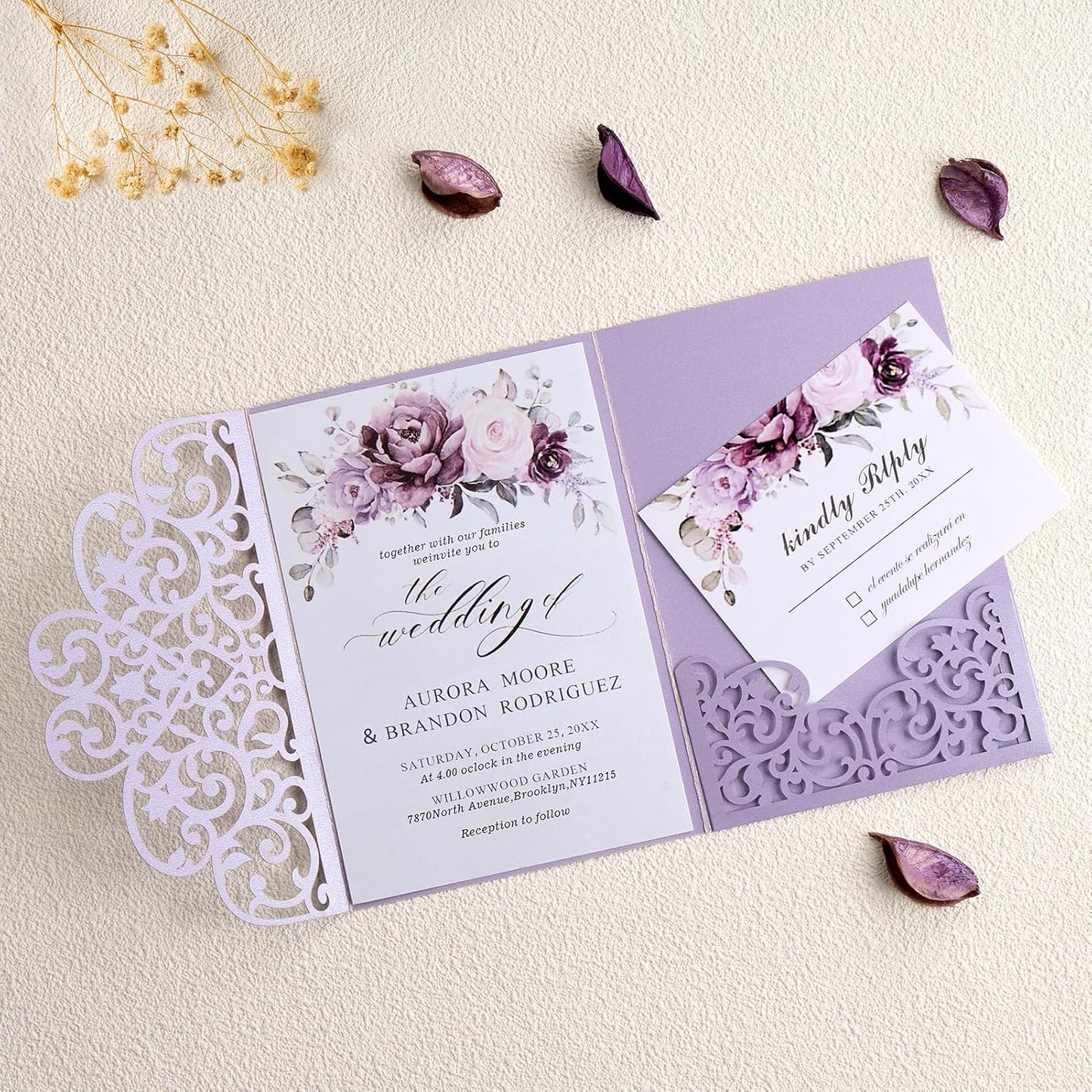 50 pcs Purple Wedding Invitations 5×7 Personalized Invitations with Envelopes and RSVP Cards Blank Birthday Invitations Laser Cut Hollow Out Invitation Kits for Engagement Sweet 16 Quinceanera Bridal Shower