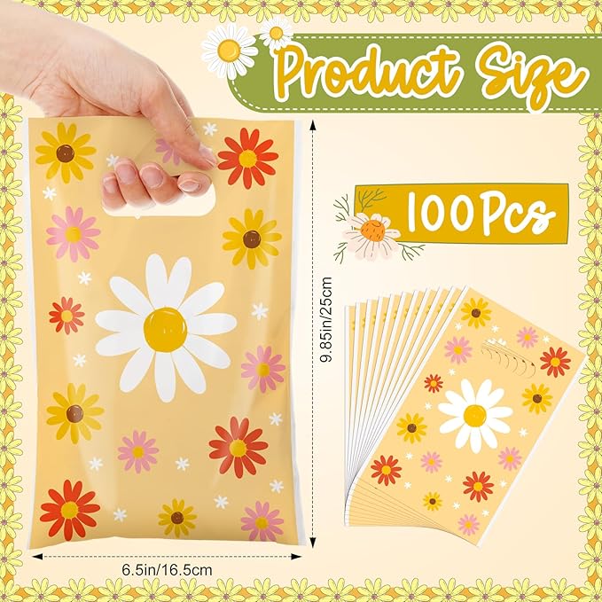 Frienda 100 Pcs Spring Daisy Flower Plastic Gift Bags with Handles 9.84''x6.5'' Daisy Plastic Candy Goodies Bags Treat Favors for Picnic Camping Spring Groovy Wedding Tea Party Gift Wrapping Supplies