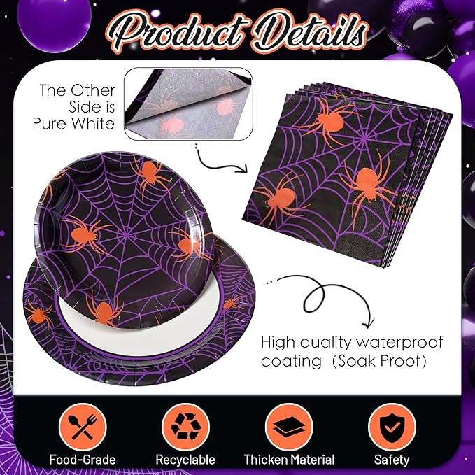 75pcs Spider Party Supplies - Disposable Spider Web Paper Plates & Napkins (25pcs 9" & 7" Plates, 25pcs Napkins) for Birthdays, Halloween, Birthday, and Parties Decoration