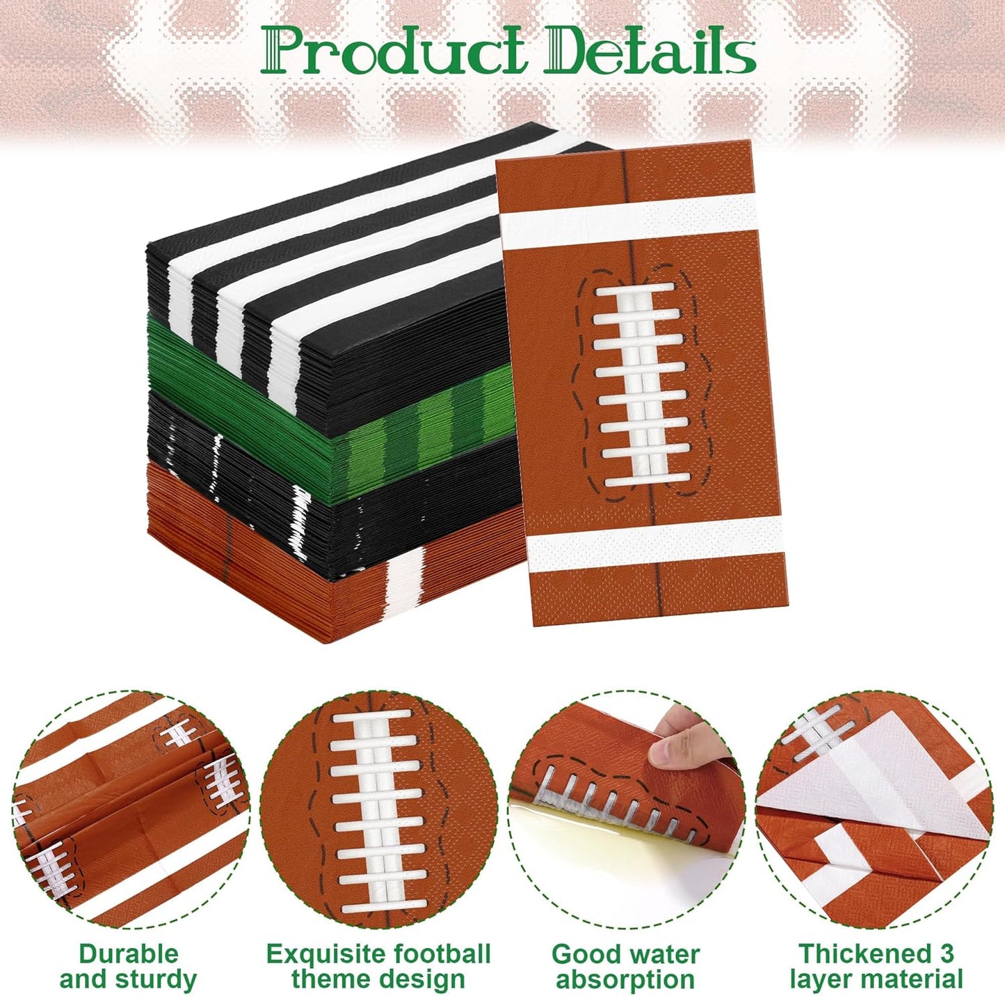 120 Count Football Party Napkins, 3-Ply Paper, Black, White, 4.33 x 7.87 Inch, Football Party Decorations