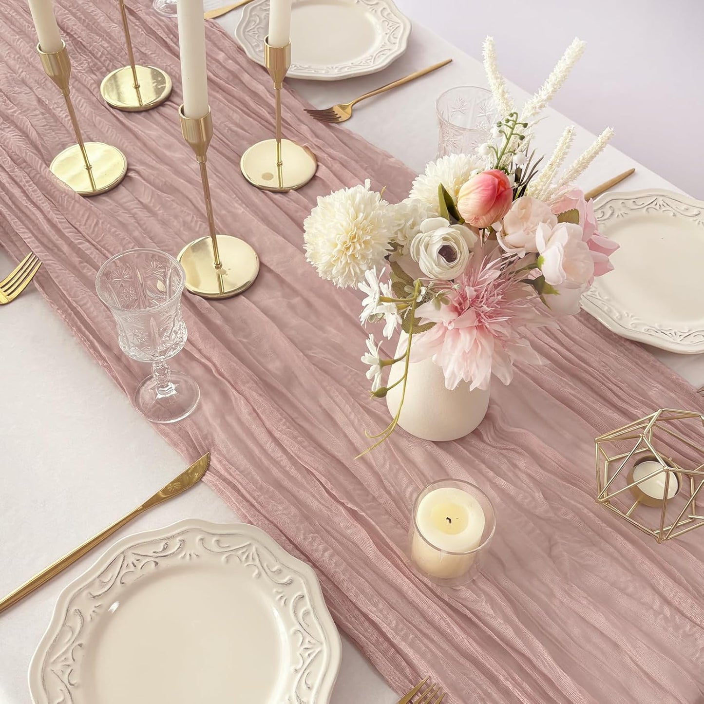 FEXIA 6 Pack Table Runner Dusty Pink Cheesecloth 35x120 Inches Boho Gauze Spring Easter Table Runner for Wedding Decor Reception Bridal Shower Centerpiece Engagement