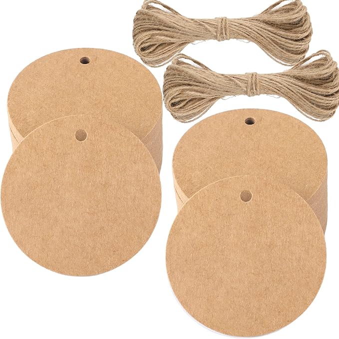G2PLUS 100PCS Kraft Paper Gift Tag with String,2.2'' Round Paper Tags Blank Hang Tags Brown Circle Tags with Holes for Craft Projects, Xmas Gift, DIY Wedding Favor Bag