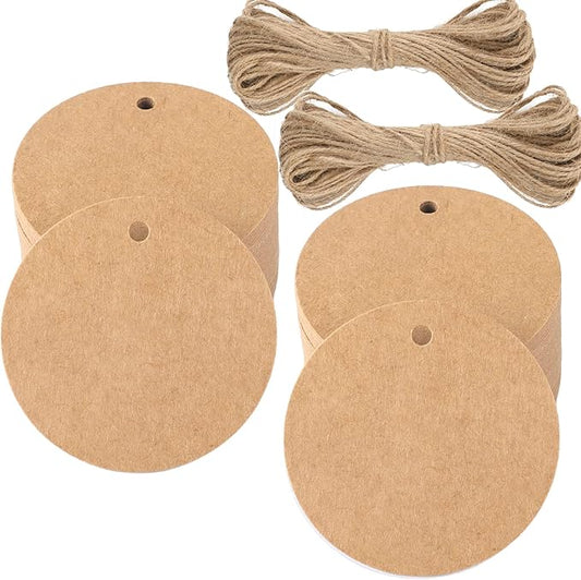 G2PLUS 100PCS Kraft Paper Gift Tag with String,2.2'' Round Paper Tags Blank Hang Tags Brown Circle Tags with Holes for Craft Projects, Xmas Gift, DIY Wedding Favor Bag