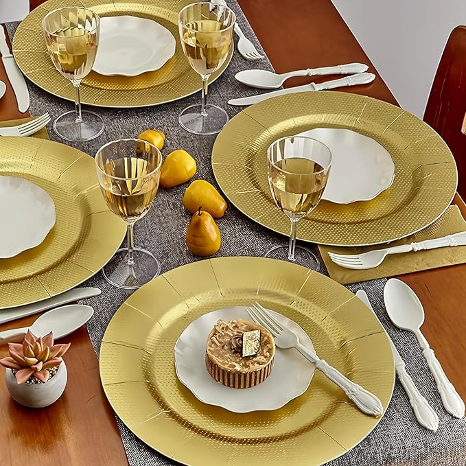 Silver Spoons Gold with Glitz Design Charger Disposable Paper Plates - 13" (Pack of 10) - Perfect for Weddings, Parties & Special Occasions