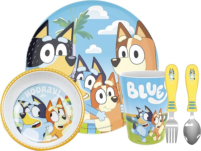 Zak Designs 5-Piece Dinnerware Set, Bluey - Durable Plastic & Stainless Steel - Includes Tumbler, 8-Inch Plate, 6-Inch Bowl, Fork & Spoon - Suitable for Kids Ages 3+