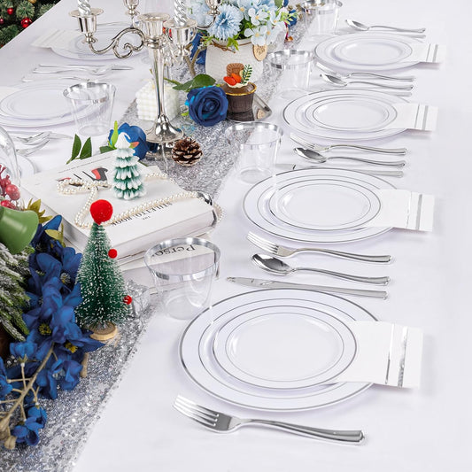 GATHER 700PCS Silver Plastic Plates - Silver Plate Set 100Guest - Disposable Dinnerware Sets 100Silver Rim Dinner Plates 100Silver Dessert Plate 100Paper Napkins&Cups&silver Plastic Silverware Set