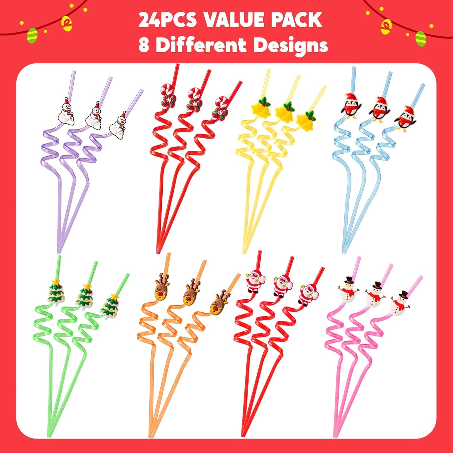 JOYIN 24 PCS Christmas Plastic Straws, 8 Colors Reusable Drinking Straws for Xmas Party Favors Kid-Friendly Supplies, Christmas Party Decorations, Goodie Bags Stuffers Fillers for Kids.