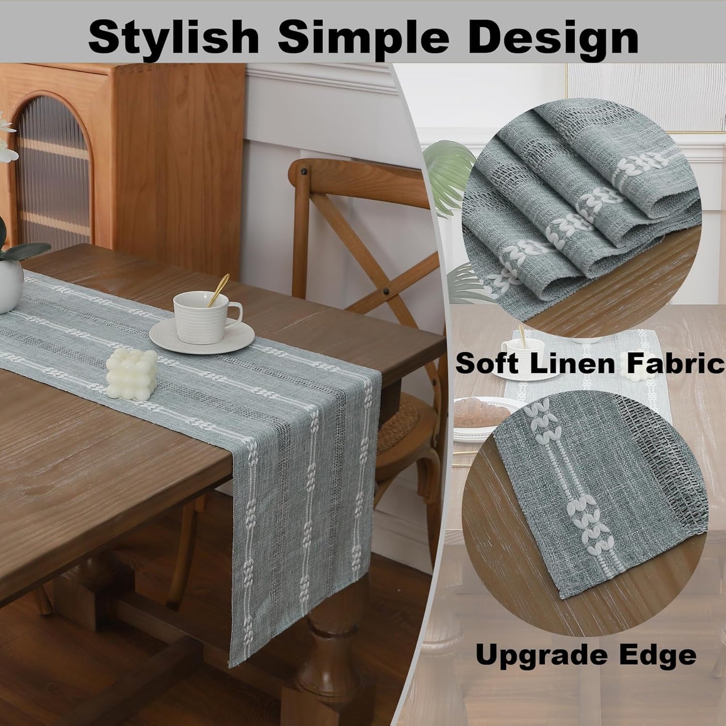 Gernaice Boho Table Runner, Embroidered Cotton Linen Farmhouse Table Runners for Holiday Wedding Dining Living Room Bedroom Home Decor, 108" L X 13" W Grey