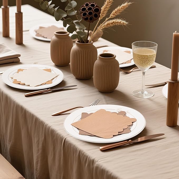 100 Pcs Light Brown Scalloped Napkins Gradient Color Cocktail Napkin Folded 5 x 5 Beverage Napkins Disposable Paper Napkins for Birthday Party Supplies