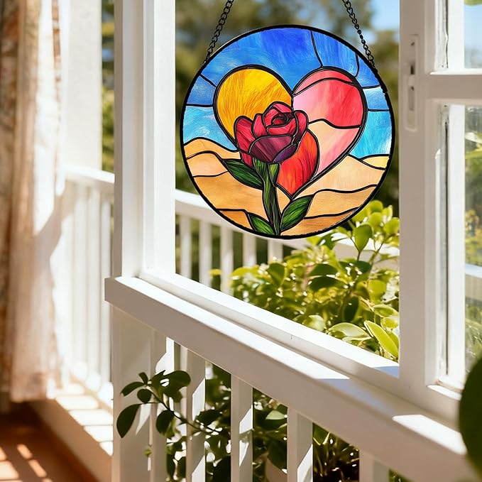 Stained Glass Window Hanging Pink Heart Roses Large 15" - Suncatcher Door Garden Sun Catcher Home Decor Valentine Birthday Christmas for Mom Woman Lover Friends Wife Girl