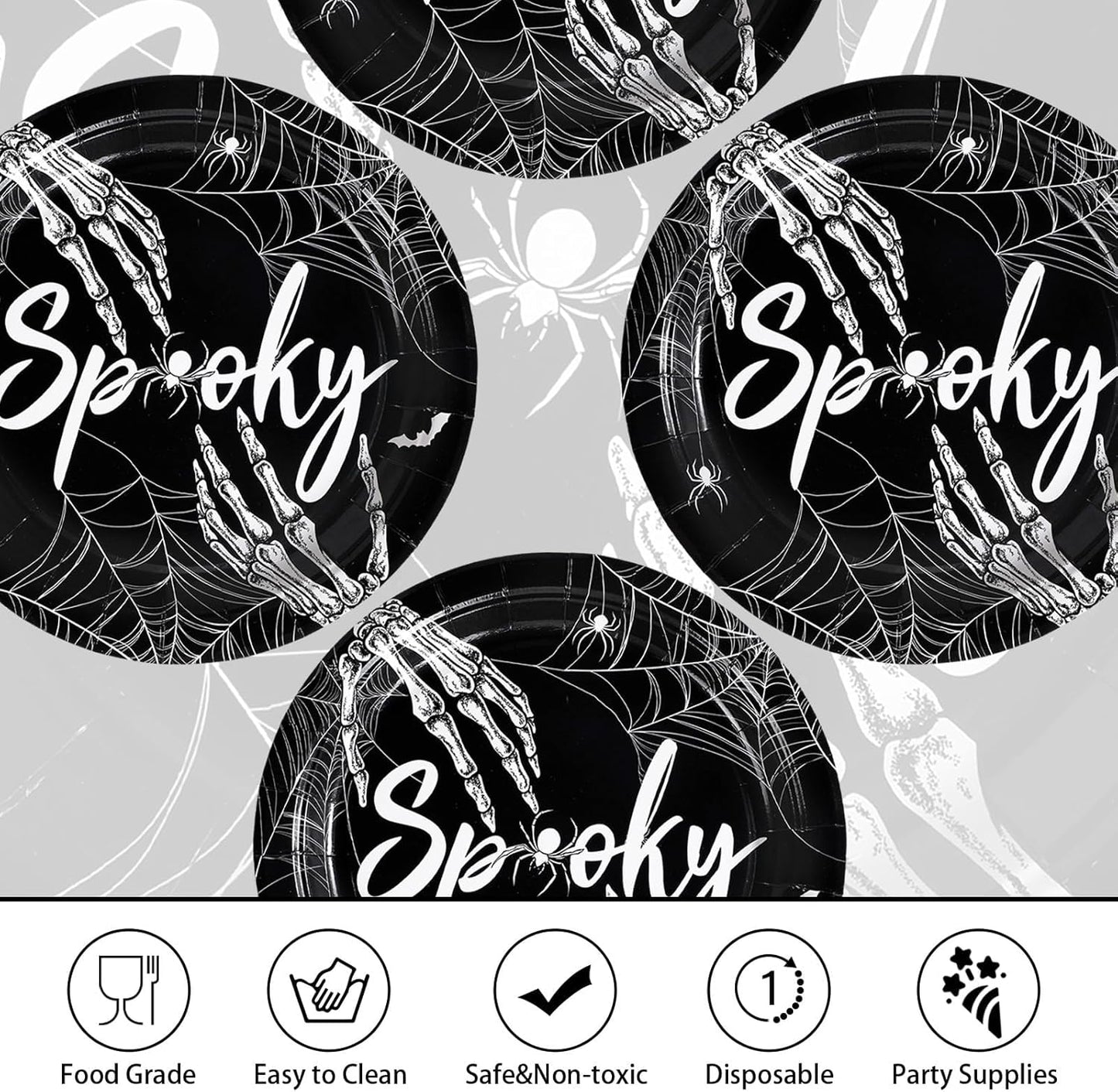 Grencian 50Pcs Halloween Spider Webs Plates 9” Disposable Heavy Duty Spooky Skeleton Hands Paper Plates For Halloween Flags Garden Party Decorations Supplies