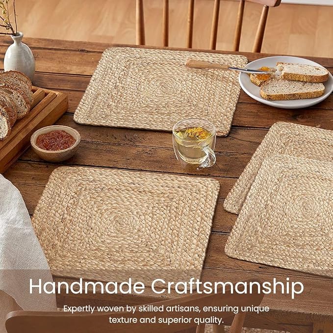 Handcrafted Jute Braided Placemats Set of 4 - 100% Jute Handwoven Rustic Vintage Farmhouse Placemats 14x14 Inch Square, Durable Non-Slip for Dining, Kitchen, Coffee Table Décor Table Mats