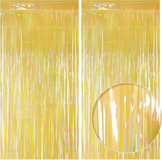 2 Pack Yellow Iridescent Streamers Backdrop, 3.3x6.6ft Foil Fringe Curtains Gold Holographic Door Tinsel Streamers for Birthday, Wedding, Holiday, Bachelorette, Theme Party Decorations
