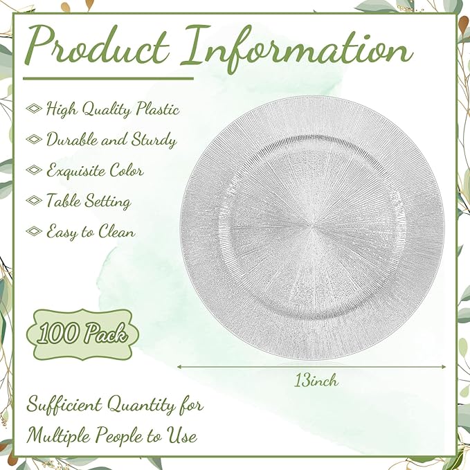 Tanlade 100 Pcs Silver Charger Plates Bulk, 13" Round Plastic Dinner Charger Plate, Shiny Silver Table Chargers Serving Plate Catering Tabletop for Thanksgiving Halloween Christmas Wedding Party Decor