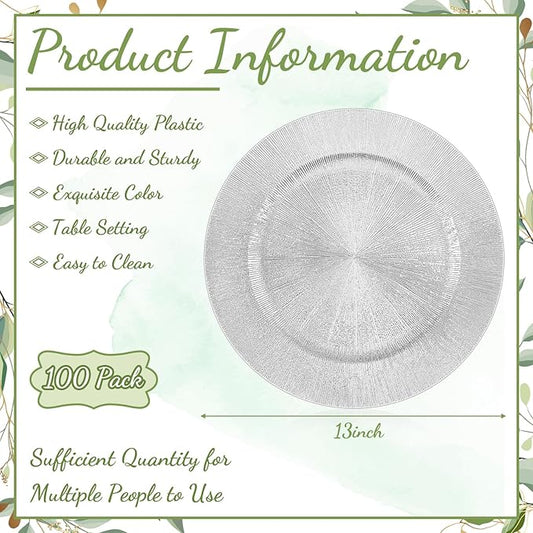 Tanlade 100 Pcs Silver Charger Plates Bulk, 13" Round Plastic Dinner Charger Plate, Shiny Silver Table Chargers Serving Plate Catering Tabletop for Thanksgiving Halloween Christmas Wedding Party Decor