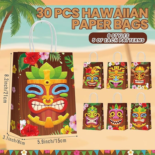 Resholder 30 Pcs Hawaiian Aloha Gift Bags Tiki Luau Party Favor Paper Bags with Handle Tropical Tiki Face Portable Candy Treat Goodie Pouch for Hawaii Summer Festival Party Supplies Baby Shower Decor