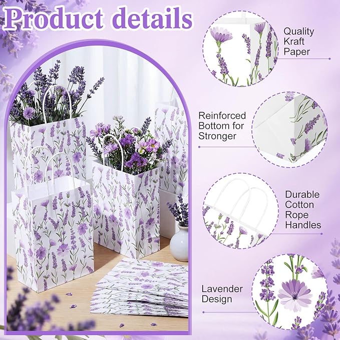 Marspark 24 Pcs Lavender Paper Gift Bags for Birthday Wedding Baby Shower Party Supplies Purple Treat Bag with Handles Candy Goodie Bags for Guests Mothers' Day, Valentine's Day, 8.3'' x 5.9'' x 3.1''