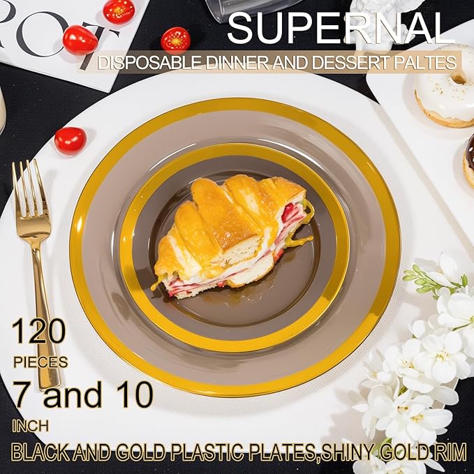 supernal 120pcs Clear Black and Gold Plastic Plates Black Plates Gold Plastic Dinnerware Include Dinner and Dessert Size for Elegant Parties, Valentine's Day Party and Wedding