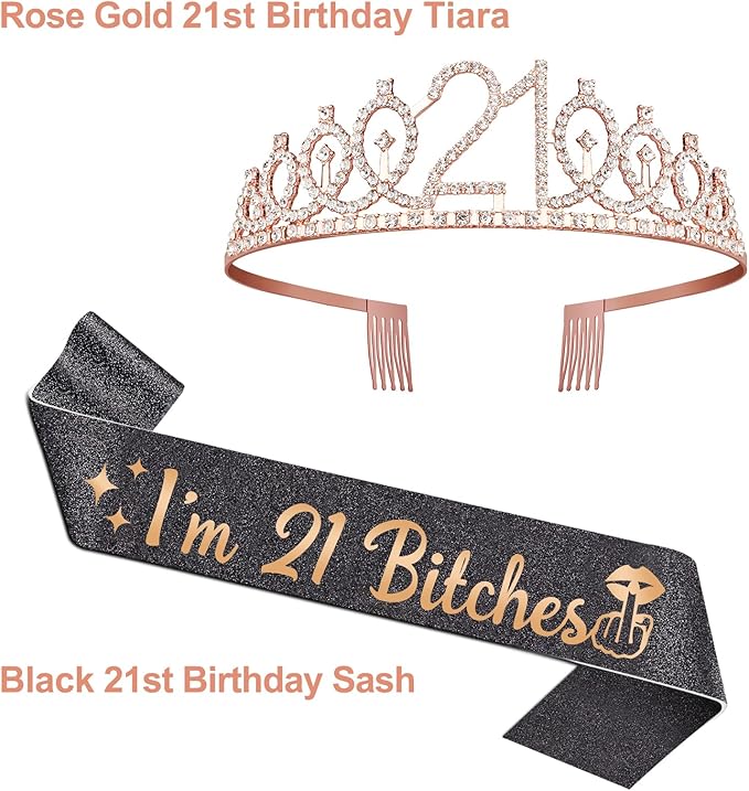 21st Birthday Decorations for Her with I'm 21 Bitches Sash and Tiara Rose Gold, 21 Candles Rose Gold, 21 Year Old Gifts for Her