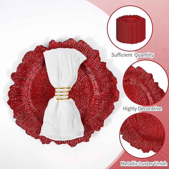 Teruntrue 50 Pcs Red Charger Plates Bulk 13 Inch Plastic Charger Plates for Dinner Plate, Red Chargers for Table Setting, Reef Design Plate Floral Decorative Round Chargers for Wedding Party, Event