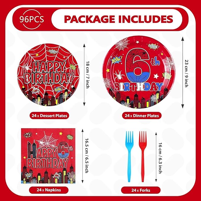 Grencian 96Pcs Halloween Cartoon Spider Birthday Party Decorations Red Blue Spider Birthday Party Plates Disposable Super Theme Paper Tableware Set for Spider Decorations Serves 24