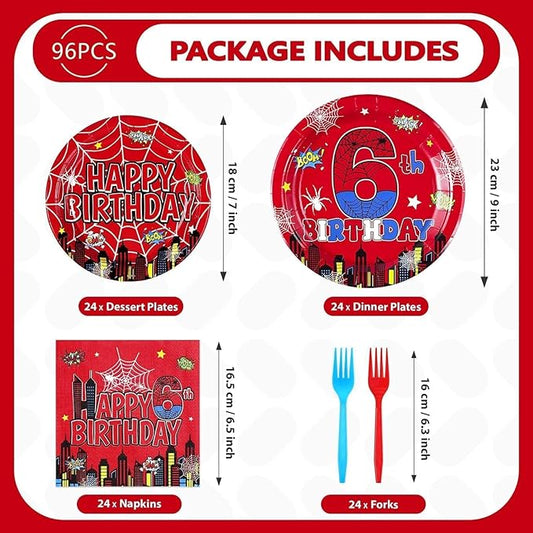 Grencian 96Pcs Halloween Cartoon Spider Birthday Party Decorations Red Blue Spider Birthday Party Plates Disposable Super Theme Paper Tableware Set for Spider Decorations Serves 24
