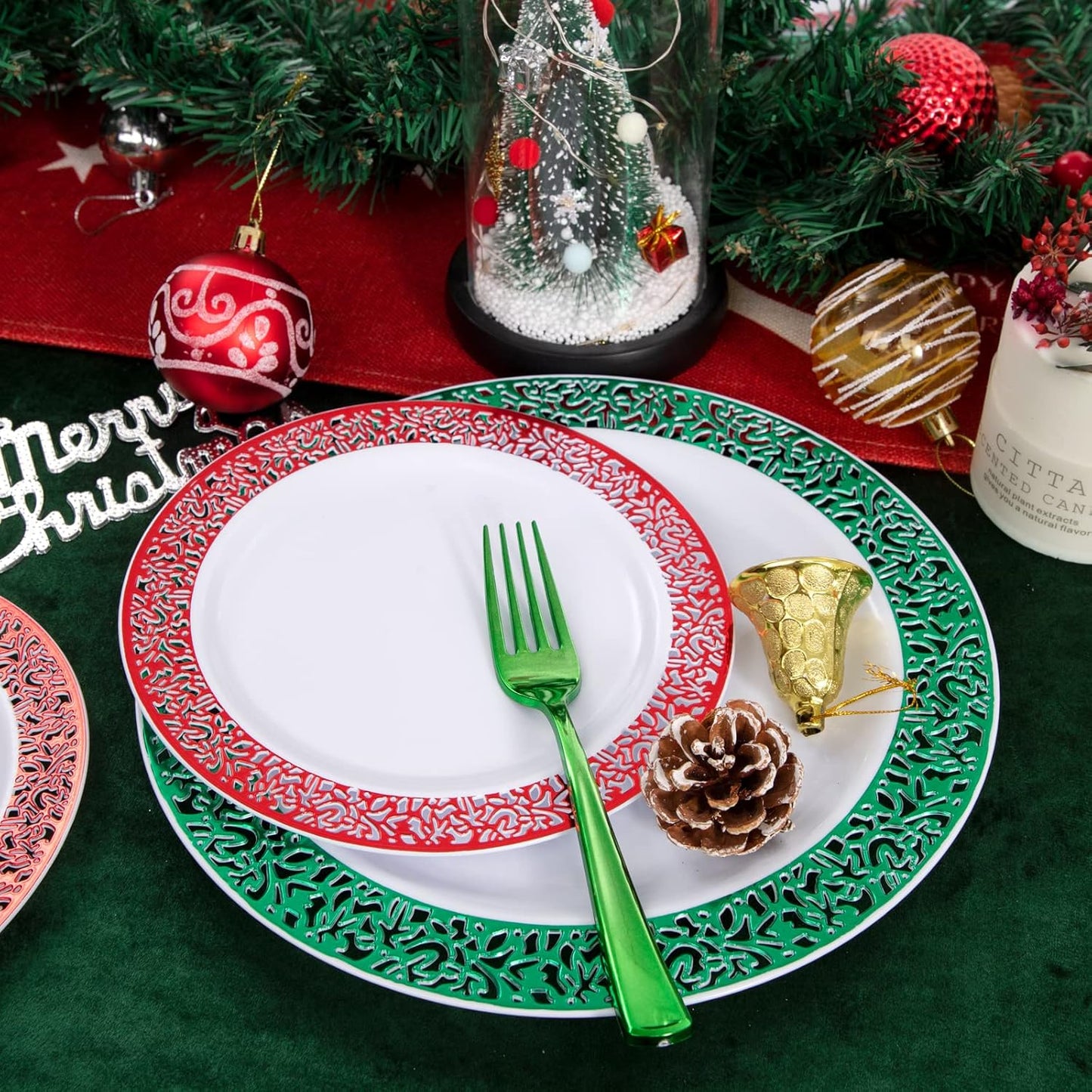 Rubtlamp 60PCS Christmas Plastic Plates, Red Lace Disposable Plates, White Heavy Weight Plates Sets Includes 30 Fancy Salad Platos 7.5”,30 Green Dinner Platos 10.25” For Christmas Party Wedding