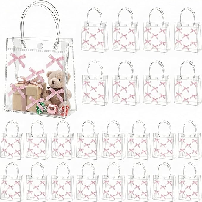 Tioncy 24 Pcs Pink Bow Clear Gift Bags with Handles Bow PVC Goodie Treat Candy Bag Bows Theme Present Wrap Tote Bags for Birthday Party Favor Weddings Decoration Bridesmaid Supply