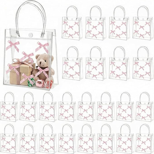 Tioncy 24 Pcs Pink Bow Clear Gift Bags with Handles Bow PVC Goodie Treat Candy Bag Bows Theme Present Wrap Tote Bags for Birthday Party Favor Weddings Decoration Bridesmaid Supply