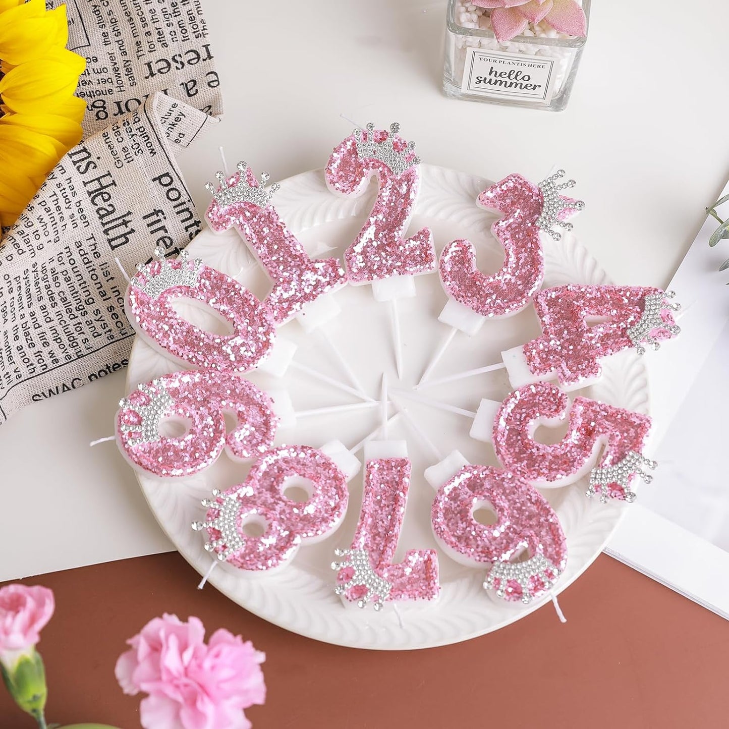 Birthday Number Candles,Pink Crown Birthday Candles for Cake,Glitter Number 6 Candle Cake Topper with Sequins for Girls,Women, Anniversary Celebrations Supplies (Pink 6)