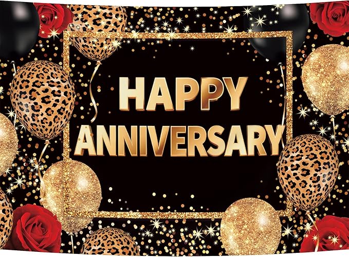 Homewelle Leopard Print Happy Anniversary Backdrop 7Wx5H Feet Polyester Fabric Black Gold Red Cheetah Print Decoration Balloon Rose Cool Party Celebration Photography Background Photo Shoot Props