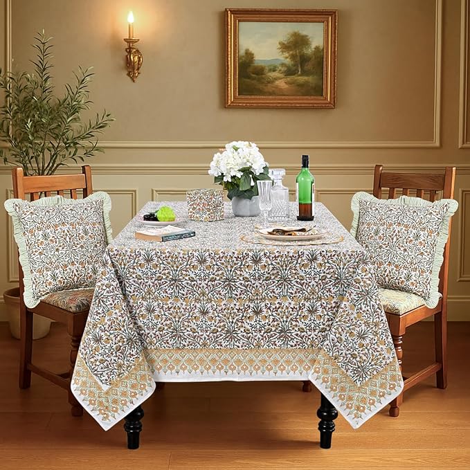 Ridhi Hand Block Print Goldenrod Yellow Rectangle Cotton Tablecloth 140" x 72" Reusable Table Cover Decorative Everyday Use for Dining, Farmhouse, Home Gift for Spring, Easter, Valentine