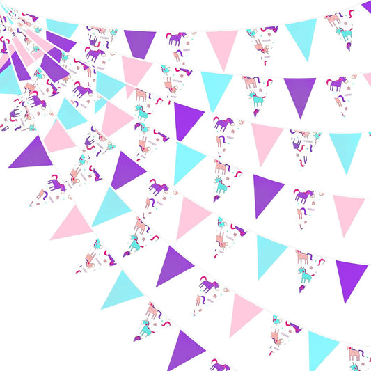 32Ft Pink Purple Blue Pennant Banner Fabric Triangle Flag Bunting Garland for Rainbow Theme Summer Decor Magical Birthday Wedding Party Home Outdoor Garden Hanging Decorations
