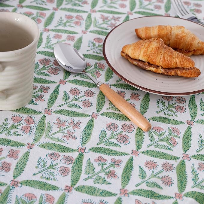 Labhanshi Indian Block Handprint Table Cloth|French Floral 8 Seater 72x108 Inch Rectangle Cotton Table Cover|Thanksgiving Baby Shower Dining Tablecloth|Outdoor Birthday Party Table Decor|Green Pink